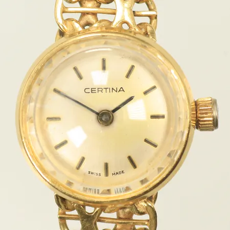 Damur Certina Q Ø18mm, omkrets handled 16cm, bredd armband 9mm, boett och armband 18K, klockan går ej, 21,2g totalt.