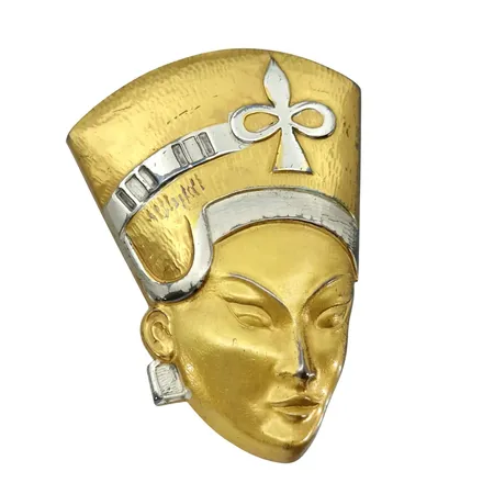 Vintage Brosch USA, Nefertiti, sterling/silver 925/1000, 1940/50-tal, förgyllning, mått 53,5x37,5 mm, tillverkare TRUART USA, svensk kontroll/importstämpel, fint skick  Vikt: 6,9 g
