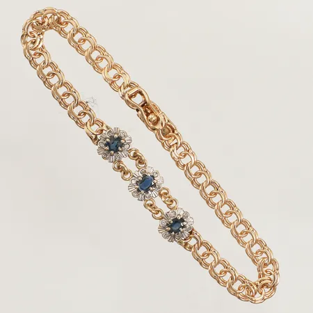 Armband Bismarck med diamanter 18x ca 0,001ct, samt blå stenar, möjligen safirer, ca 16,5cm, bredd 8mm, ostämplat, 14K Vikt: 8,1 g