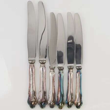 6 Bordsknivar med blad i rostfritt stål, 18,5cm, modell: Disa, 830/1000 silver, 258,3g.