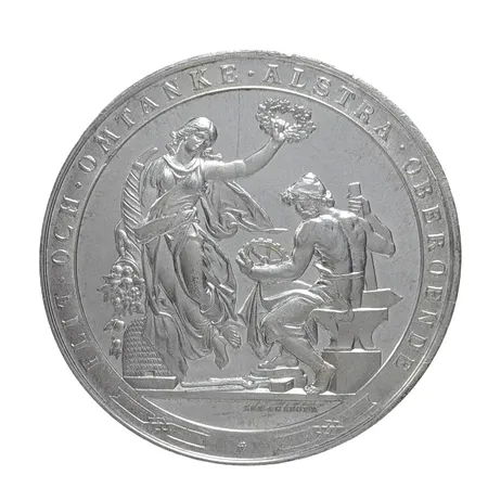 Medalj Oscar II - Industri och Slöjdutställningen i Malmö 1896, vitmetall, Ø60 mm, tjocklek 5,5 mm, gravör Lea Ahlborn, fint ex. vikt 36,9 gram