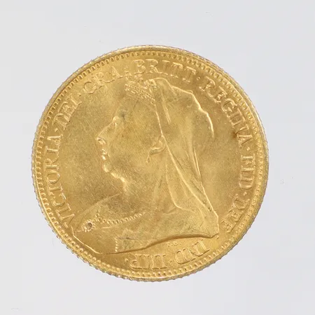 Mynt Halv 1/2 Sovereign Victoria I Storbritannien 1893 Ø19mm 21,6K (900/1000)  Vikt: 3,9 g