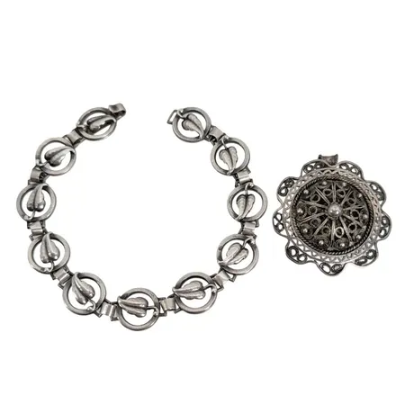 Vintage Armband + Hänge/Brosch, silver, armband, längd 19 cm, bredd 12 mm, saknar stämplar, hänge/brosch längd inkl. ögla 40 mm, Ø33,5 mm  Vikt: 21 g