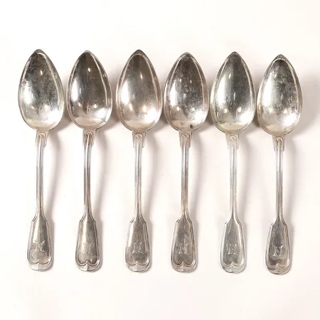 6st Matgafflar, längd 211mm, monogramgravyr, tyska stämplar, silver 830/1000 Vikt: 363,9 g