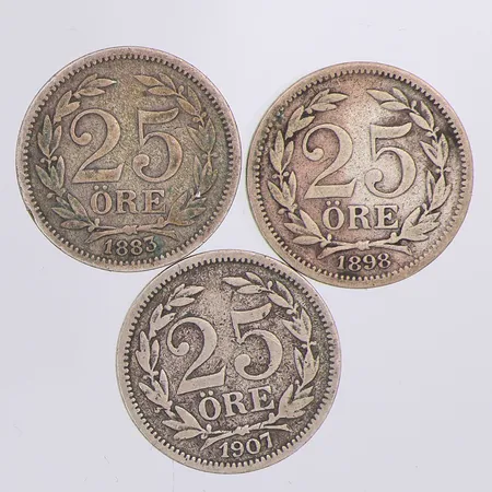 3 Mynt 25 öre år 1883-1907, 600/1000 silver Vikt: 6,9 g