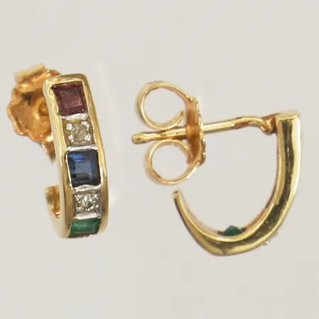 Ett par örhängen med diamanter 4x ca 0,005ct och stenar möjligen syntetiska safirer, rubiner och smaragder, längd 10,6mm, bredd 3,1mm, Guldfynd, 18K  Vikt: 1,8 g