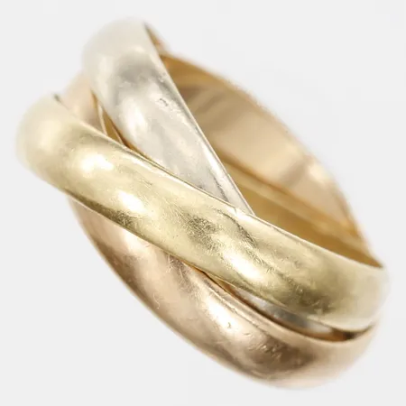 Ring Cartier Trinity, Cartiermärkning med kraftigt slitage, stl: 15½/49, saknar tillbehör, 1980-tal, svenska importstämplar, 18K guld, roséguld samt vitguld  Vikt: 6 g