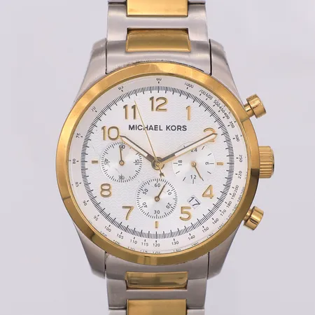 Herrur Michael Kors quartz Ø43mm MK-8144, kronograf, gul/vitmetall, länk ca 19cm, viklåset trögt, repa på glas, repor på boetten