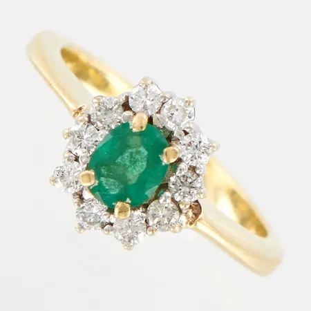 Ring carmosé med smaragd,  diamanter 10xca 0,02ct, stl 15½ bredd:3-10mm, 14K  Vikt: 3,3 g