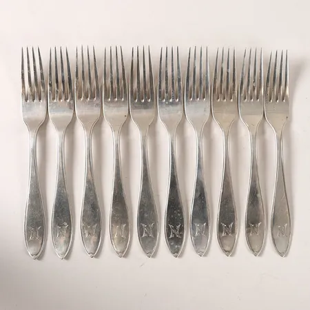 10st Matgafflar, modell Svensk spets, längd 168mm, monogramgravyr, tillverkad av A G Dufva, Stockholm 1906, silver 830/1000 Vikt: 400,3 g