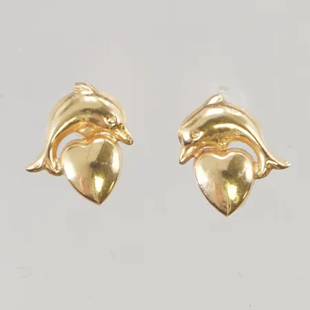 Ett par örhängen, delfiner och hjärtan, 9x8mm, stift, 18K, 0,5g.