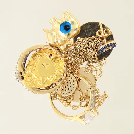 Guldsmycken, stenar, bucklor, repor, skevheter, 14K  Vikt: 13,5 g