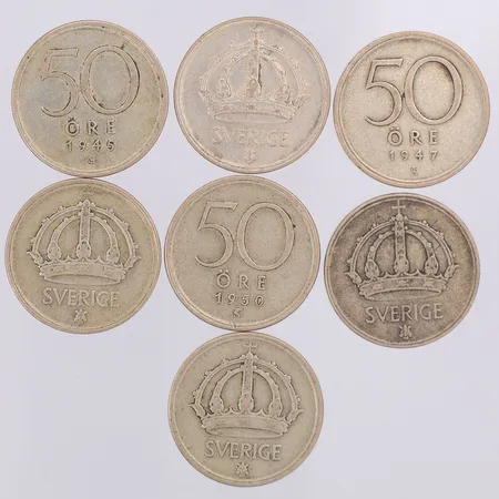 7 Mynt 50 öre år 1945-50, 400/1000 silver Vikt: 33,5 g