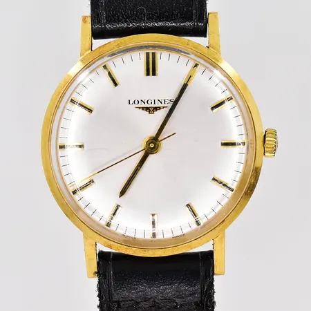 Herrur, Longines Ø34mm manuell, något repigt glas, läderband ej original, gravyr, ask, 18K 