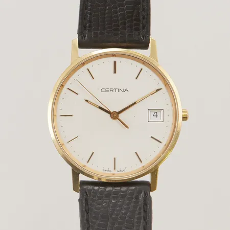 Herrur Certina 18K, quartz, 33,5mm, gravyr, srn: EOL 158.9289.68, batteribyte krävs, slitet läderband inga tillbehör. Vikt: 0 g