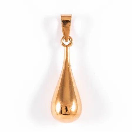 Hänge Droppe i 18K guld. Det är 8 mm brett, 29 mm långt inkl. ögla och väger 1,3g. 