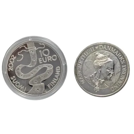Silvermynt, 2 stycken, 10 Euro Finland 2002, 925/1000, 27,4g, 200 kronor Danmark 1940-2000, 999/1000, 31,1g
