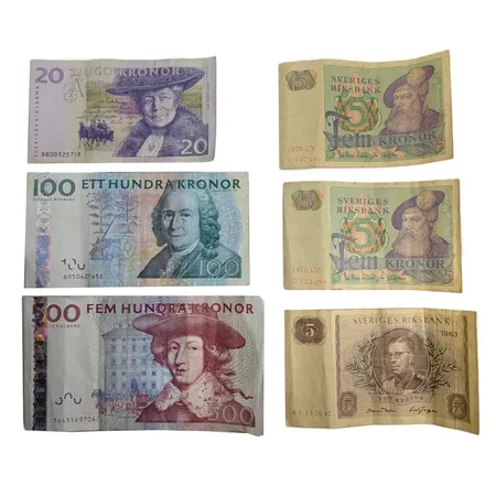 Sedlar Sverige, totalt 635 kronor, bl.a. belopp 500 kronor 