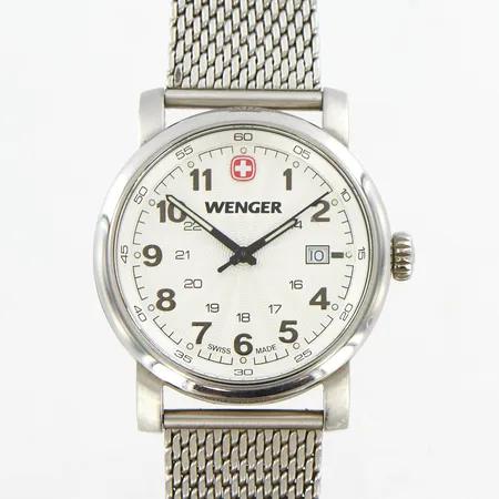 Herrur Wenger, quartz, ref 1041.10, stål, Ø40mm, stållänk med justerbar storlek, med orginalbox