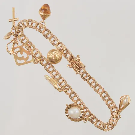 Armband, 18,5cm, bredd:5mm, 7 berlocker, 18K 13,6g.