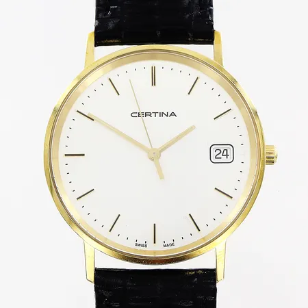 Herrur Certina 18K quartz, Ø33mm, vit urtavla, datum, sekundvisare, original svart läderband 24,5cm, garantikort Oktober 2023 Nymans Ur, Västerås, gravyr, bruksanvisning, box, ytterkartong.