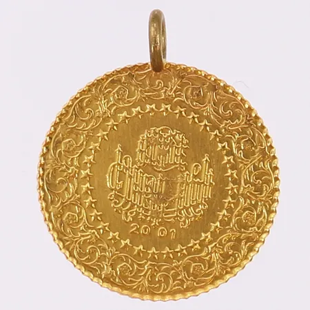 Mynt/Hänge, Ataturk, 25 Kurus, år 2001, Ø18mm, ögla i metall, 22K.  Vikt: 1,8 g