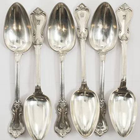 Sex skedar, modell Olga, ca 22,5cm, monogramdekor, A.Ambrosius, Möllenborg, 830/1000 silver Vikt: 488,5 g