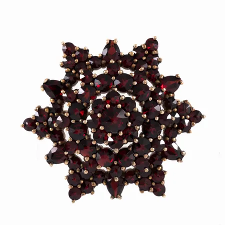 Brosch i förgyllt silver (830/1000) med granater. Det är 26,5 x 22,5 mm och väger 7,5g. Fint skick. 