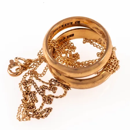 Diverse defekt/graverat guld i 18K. Vikt: 13,7g. 