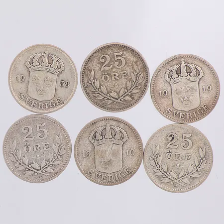 6 Mynt 25 öre år 1910-38, 600/1000 silver Vikt: 14 g