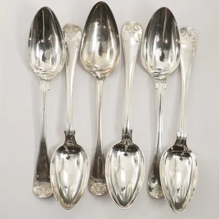 Sex skedar, modell Gammal Franskt, ca 21,4cm, tidigt 1900-tal, 830/1000 silver Vikt: 302 g