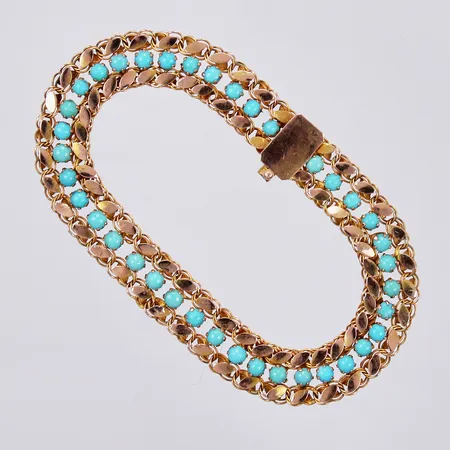 Armband med små turkoser längd: ca 18,5cm bredd: ca 10mm buckliga/defekta länkar 14K  Vikt: 10 g