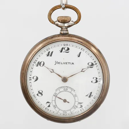 Fickur Helvetia Ø 48mm, manuell, liten sekundvisare, boettnummer: 4027716, klockkedja i metall, silver 800/1000, bruttovikt: 83,8gr