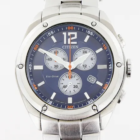 Herrur Citizen Eco Drive, stål, quartz, Ø42mm, blå urtavla, stållänk 20,5cm, repor på glas och stål, inga tillbehör.