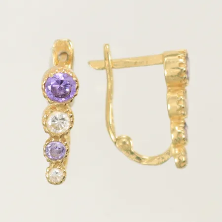 Ett par örhängen med lila och vita stenar, längd ca 11mm, bredd 3mm, 14K, 1,4g 