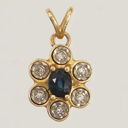Hänge med diamanter 6x ca 0,01ct och blå sten, möjligen safir, längd 17,6mm inklusive ögla, bredd 10mm, defekt ögla, 18K  Vikt: 2,1 g