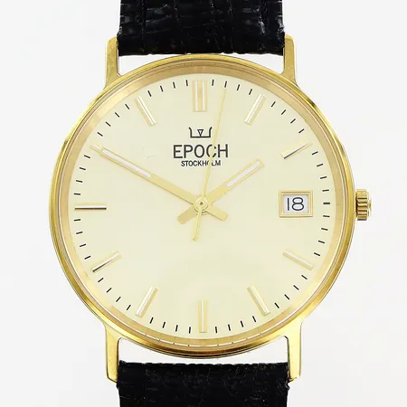 Herrur Epoch Stockholm 18K, quartz, Ø34mm, datum, sekundvisare, original läderband 24cm, folder/garanti Oktober 2023 Huke, rist nr 1299-163694, oanvänd, i behov av batteribyte, bruttovikt 30,9g, etui.