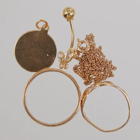 2 Ringar, Hänge, Kedja, Navelsmycke, defekt/gravyr/stenar, 18K  Vikt: 11,9 g