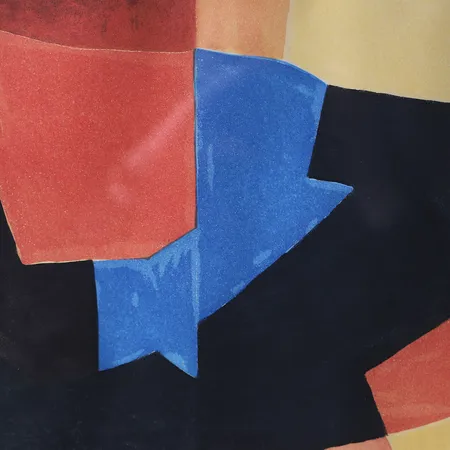 Tavla, Serge Poliakoff, "Composition Noire, Jaune, Bleue Et Rouge", 1966, etsning och färgakvatint, signerad och numrerad 55/75, plåtstorlek 47,5x64cm, mindre gulnad, ej examinerad ur ram.  Specialfrakt, kontakta pantbankskontoret för mer information.