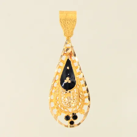 Hänge med svarta stenar, dekor samt emalj, 39x14mm, något bucklig ögla, 18K  Vikt: 2,6 g