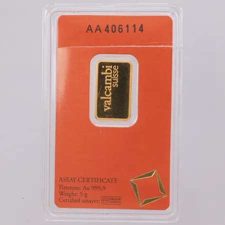 Guldtacka Valcambi Suisse, serienr AA406114, bruten plombering, 24K Vikt: 5 g