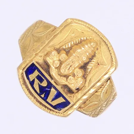 Ring med dekor och emaljdetaljer stl: 19¾ bredd 4-18mm 22K Vikt: 6 g