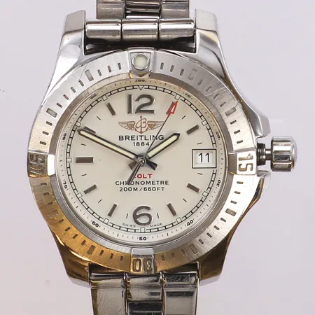 Damur Breitling Colt Lady, stål, quartz, 34mm, refnr A77388, serienr 1390824, datum, stållänk, ca 18cm inkl ur, repig, certifikat Klockmaster daterat 2020-02-14, chronometre-cert, box, ytterkartong.