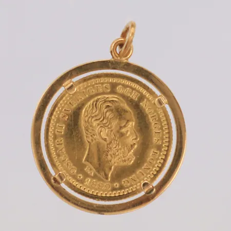 Mynt Oscar II Sveriges och Norges konung 5 Kronor, Ø16mm, ram i 18K, 21,6K Bruttovikt 3,2g Vikt: 3,2 g