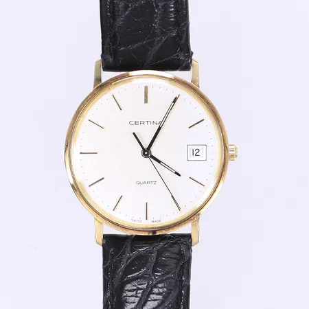 Herrur Certina Ø33,5mm, quartz, datum, 14K i boett, gravyr, slitage, går ej troligen batteribyte, läderband ej original