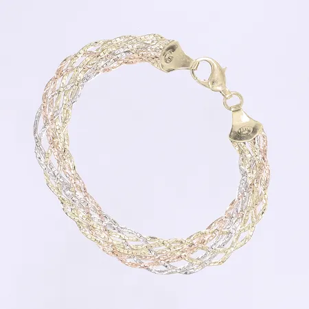 Armband flätat längd 20,5cm bredd 9mm trefärgad 14K Vikt: 13,3 g