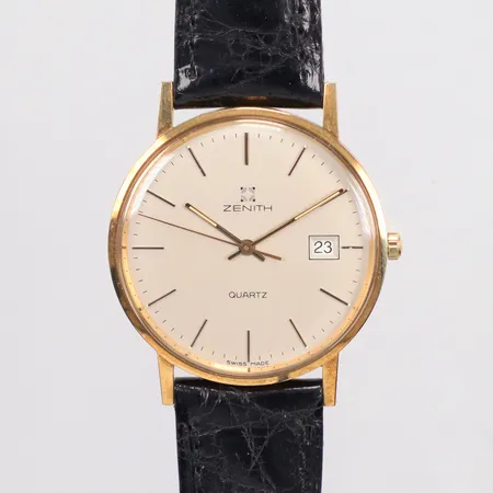 Herrur Zenith 14K quartz ca 33,5mm, batteribyte krävs, gravyr, box