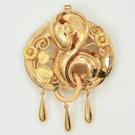Brosch/ Hänge med 3 hängande detaljer, längd ca 60mm, bredd ca 45mm (något skev) 18K, 14,4g