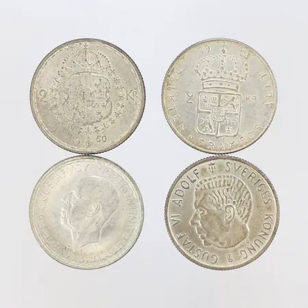 4 silvermynt, "2 Kronor", Gustaf V Adolf Sveriges Konung, år 1947-1963, 400/1000 silver Vikt: 55,9 g