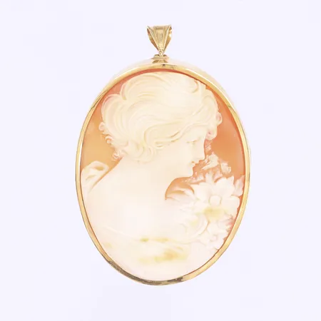 Hänge/brosch med snäckskalscamé, 55x35mm, svenska stämplar, 18K Bruttovikt: 14,0g Vikt: 14 g
